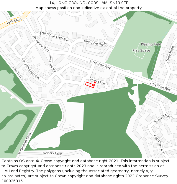 14, LONG GROUND, CORSHAM, SN13 9EB: Location map and indicative extent of plot
