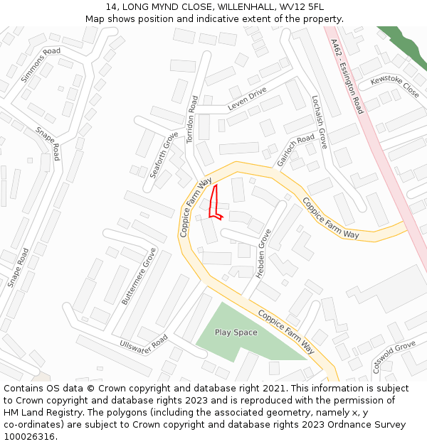 14, LONG MYND CLOSE, WILLENHALL, WV12 5FL: Location map and indicative extent of plot