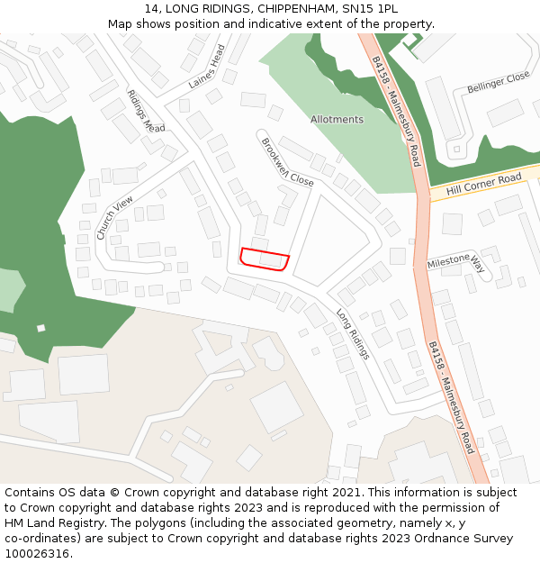 14, LONG RIDINGS, CHIPPENHAM, SN15 1PL: Location map and indicative extent of plot