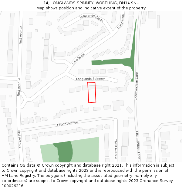 14, LONGLANDS SPINNEY, WORTHING, BN14 9NU: Location map and indicative extent of plot