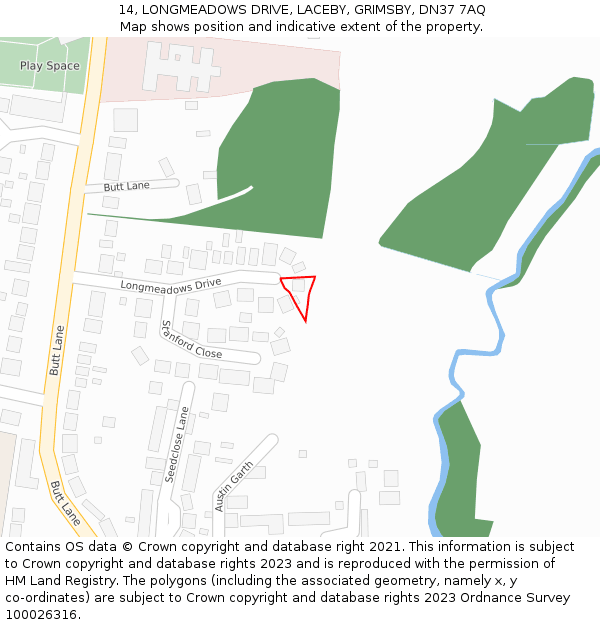 14, LONGMEADOWS DRIVE, LACEBY, GRIMSBY, DN37 7AQ: Location map and indicative extent of plot