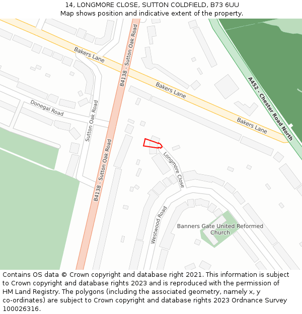 14, LONGMORE CLOSE, SUTTON COLDFIELD, B73 6UU: Location map and indicative extent of plot
