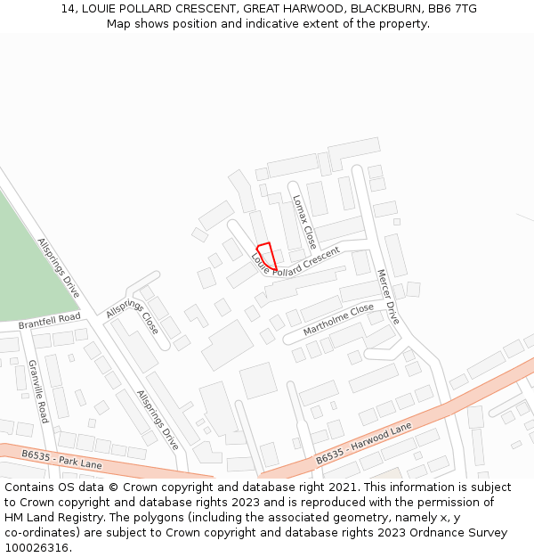 14, LOUIE POLLARD CRESCENT, GREAT HARWOOD, BLACKBURN, BB6 7TG: Location map and indicative extent of plot