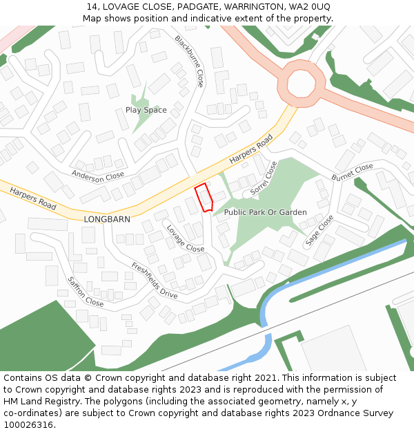 14, LOVAGE CLOSE, PADGATE, WARRINGTON, WA2 0UQ: Location map and indicative extent of plot