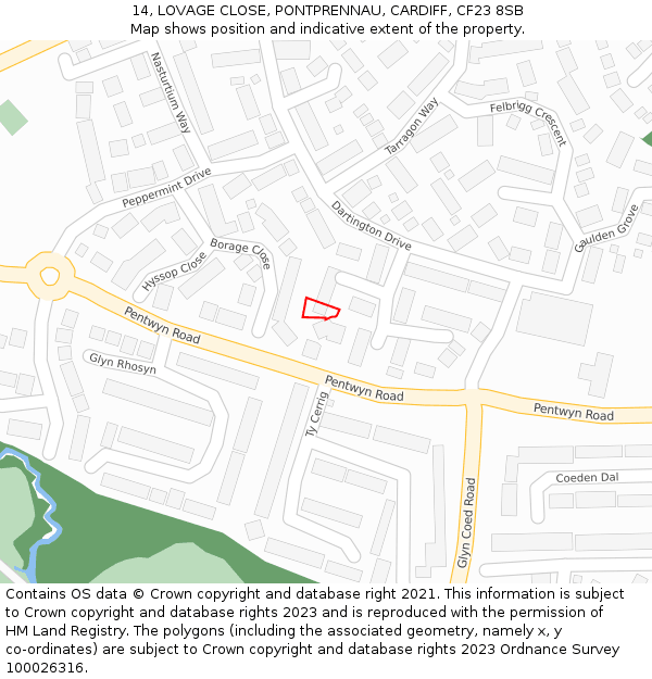 14, LOVAGE CLOSE, PONTPRENNAU, CARDIFF, CF23 8SB: Location map and indicative extent of plot