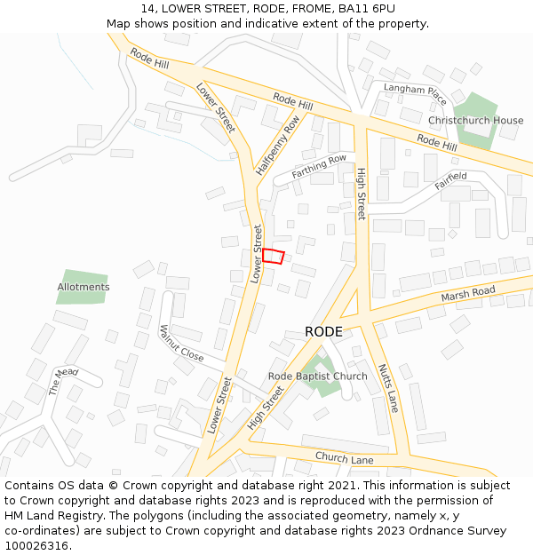 14, LOWER STREET, RODE, FROME, BA11 6PU: Location map and indicative extent of plot