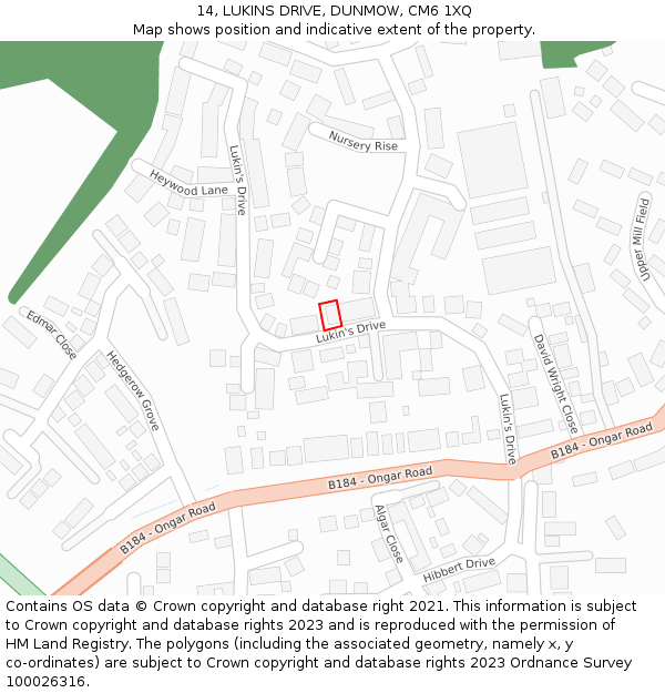 14, LUKINS DRIVE, DUNMOW, CM6 1XQ: Location map and indicative extent of plot