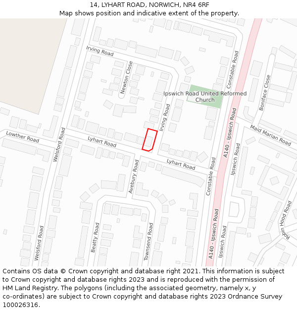 14, LYHART ROAD, NORWICH, NR4 6RF: Location map and indicative extent of plot