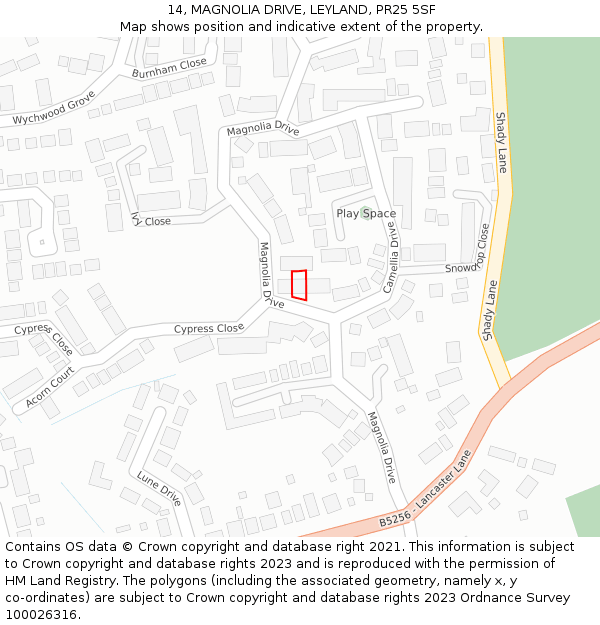 14, MAGNOLIA DRIVE, LEYLAND, PR25 5SF: Location map and indicative extent of plot