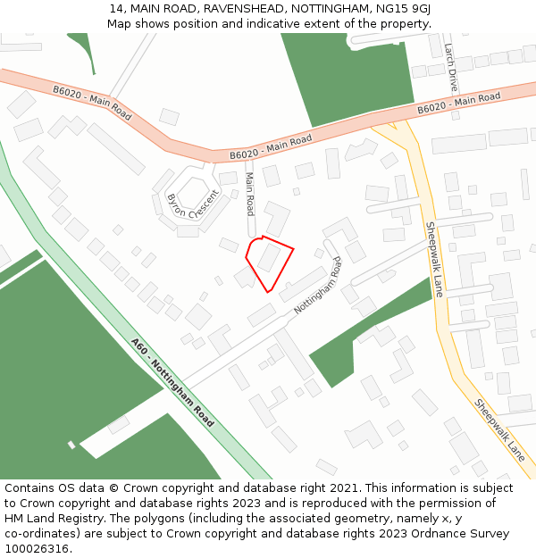 14, MAIN ROAD, RAVENSHEAD, NOTTINGHAM, NG15 9GJ: Location map and indicative extent of plot
