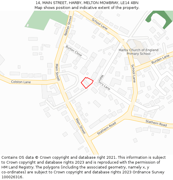 14, MAIN STREET, HARBY, MELTON MOWBRAY, LE14 4BN: Location map and indicative extent of plot
