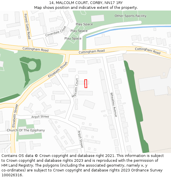 14, MALCOLM COURT, CORBY, NN17 1RY: Location map and indicative extent of plot