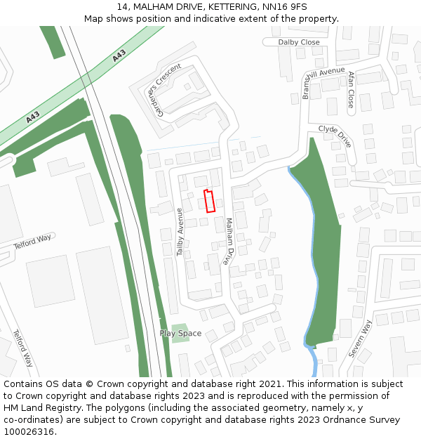 14, MALHAM DRIVE, KETTERING, NN16 9FS: Location map and indicative extent of plot