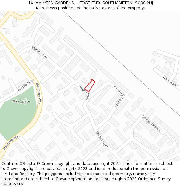 14, MALVERN GARDENS, HEDGE END, SOUTHAMPTON, SO30 2UJ: Location map and indicative extent of plot