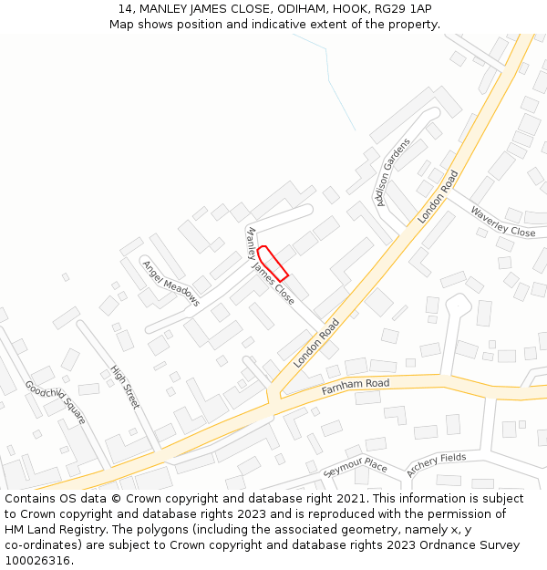 14, MANLEY JAMES CLOSE, ODIHAM, HOOK, RG29 1AP: Location map and indicative extent of plot