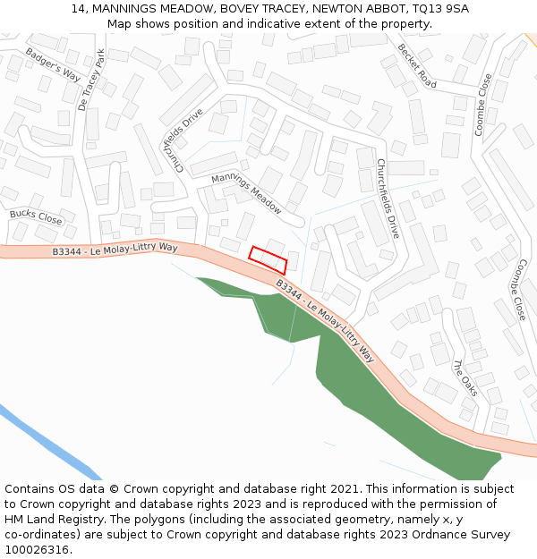14, MANNINGS MEADOW, BOVEY TRACEY, NEWTON ABBOT, TQ13 9SA: Location map and indicative extent of plot