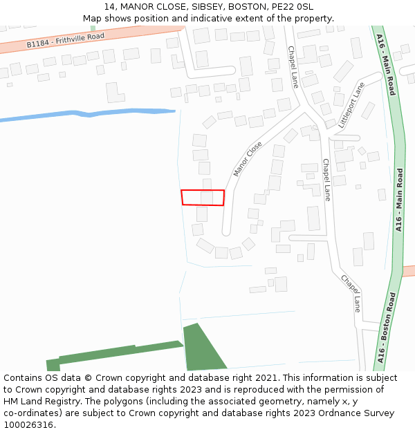 14, MANOR CLOSE, SIBSEY, BOSTON, PE22 0SL: Location map and indicative extent of plot