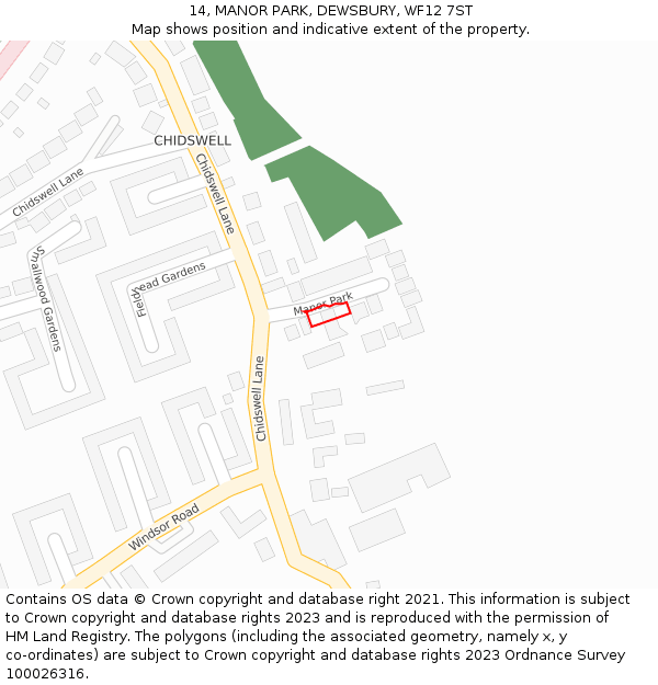 14, MANOR PARK, DEWSBURY, WF12 7ST: Location map and indicative extent of plot