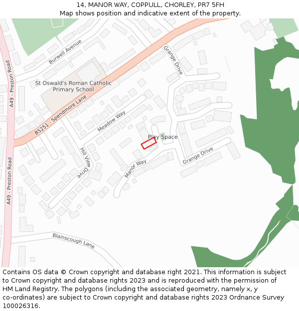 14, MANOR WAY, COPPULL, CHORLEY, PR7 5FH: Location map and indicative extent of plot