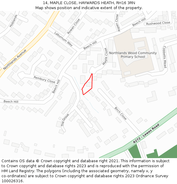 14, MAPLE CLOSE, HAYWARDS HEATH, RH16 3RN: Location map and indicative extent of plot