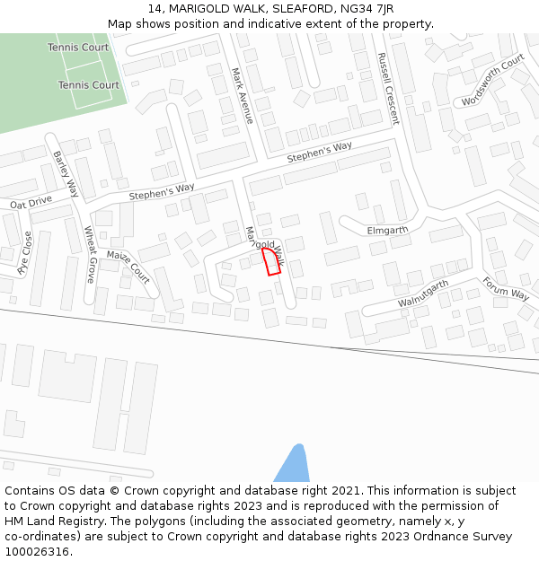 14, MARIGOLD WALK, SLEAFORD, NG34 7JR: Location map and indicative extent of plot