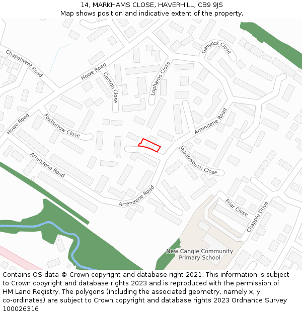 14, MARKHAMS CLOSE, HAVERHILL, CB9 9JS: Location map and indicative extent of plot