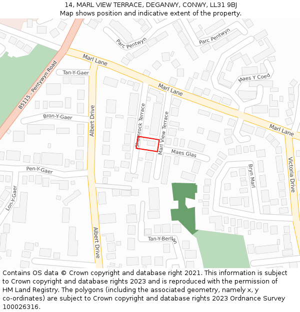 14, MARL VIEW TERRACE, DEGANWY, CONWY, LL31 9BJ: Location map and indicative extent of plot