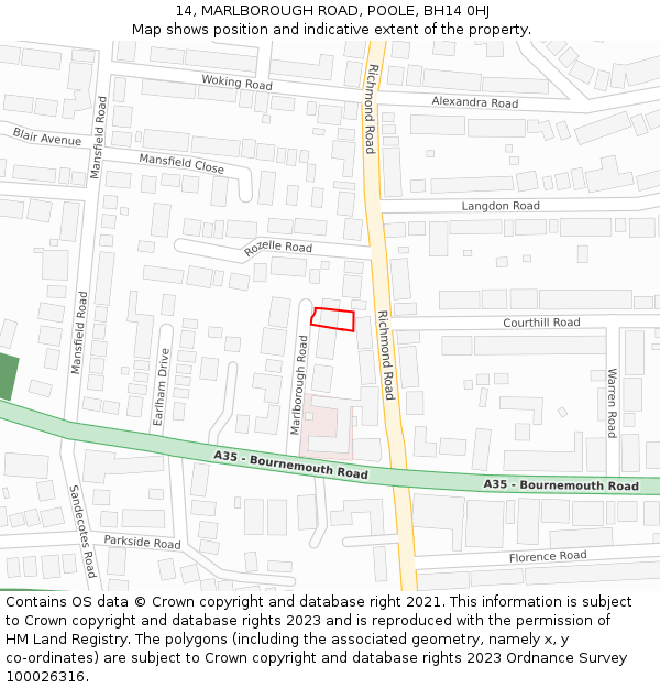 14, MARLBOROUGH ROAD, POOLE, BH14 0HJ: Location map and indicative extent of plot