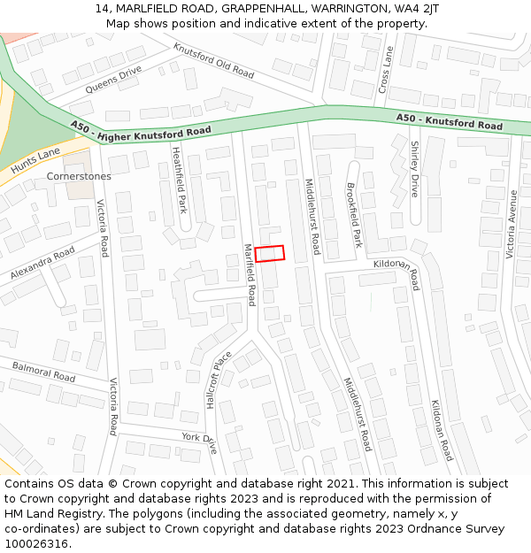 14, MARLFIELD ROAD, GRAPPENHALL, WARRINGTON, WA4 2JT: Location map and indicative extent of plot