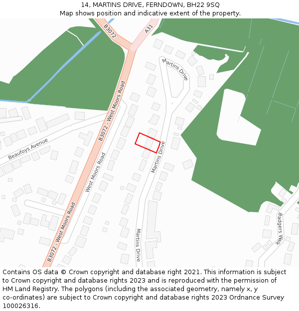 14, MARTINS DRIVE, FERNDOWN, BH22 9SQ: Location map and indicative extent of plot