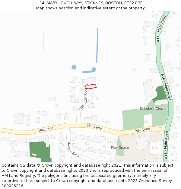 14, MARY LOVELL WAY, STICKNEY, BOSTON, PE22 8BF: Location map and indicative extent of plot