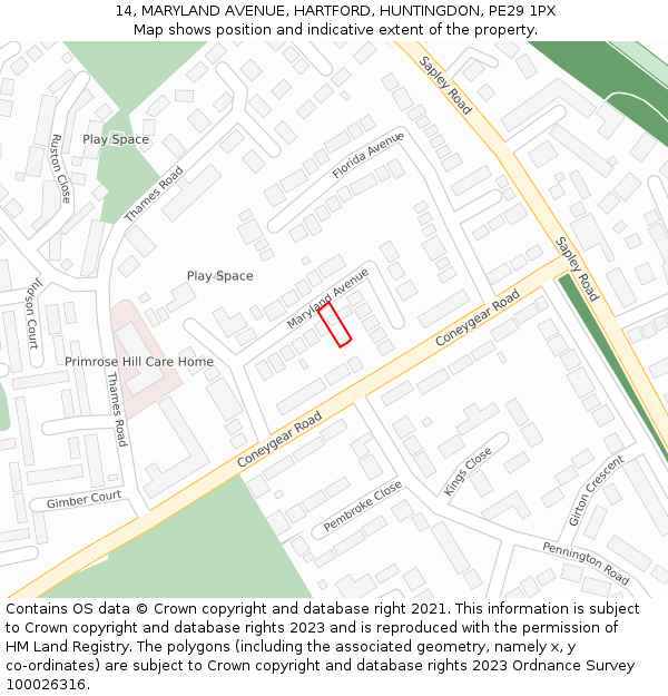 14, MARYLAND AVENUE, HARTFORD, HUNTINGDON, PE29 1PX: Location map and indicative extent of plot