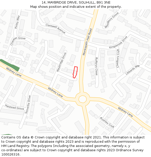 14, MAYBRIDGE DRIVE, SOLIHULL, B91 3NE: Location map and indicative extent of plot