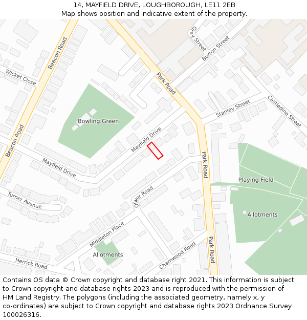 14, MAYFIELD DRIVE, LOUGHBOROUGH, LE11 2EB: Location map and indicative extent of plot