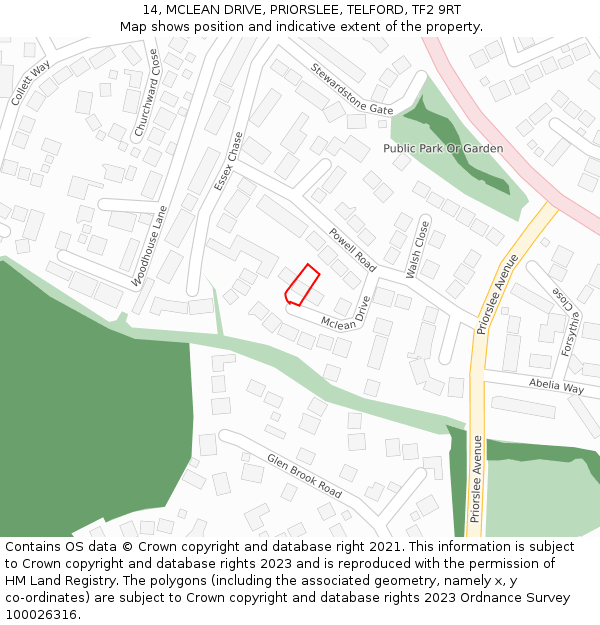 14, MCLEAN DRIVE, PRIORSLEE, TELFORD, TF2 9RT: Location map and indicative extent of plot
