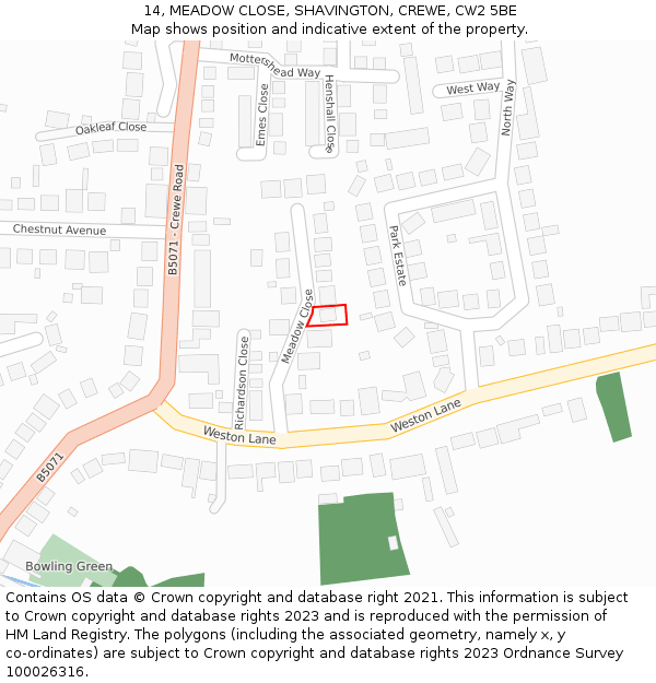 14, MEADOW CLOSE, SHAVINGTON, CREWE, CW2 5BE: Location map and indicative extent of plot