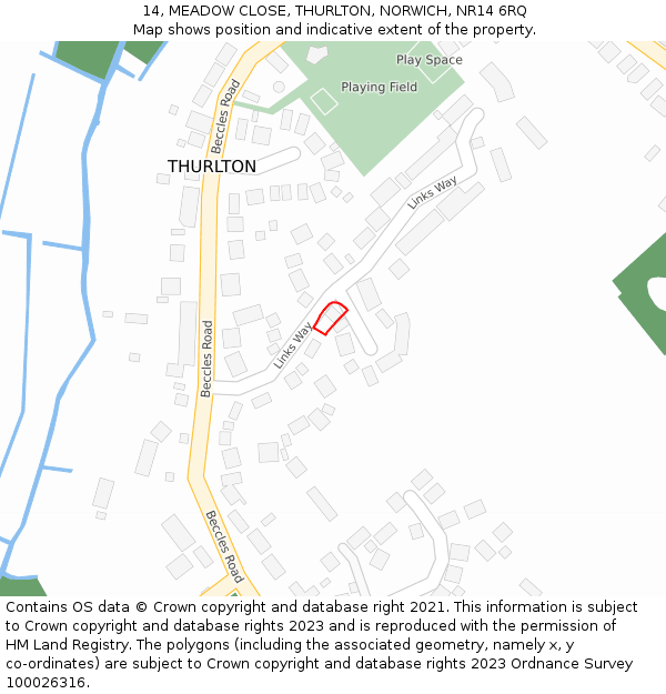 14, MEADOW CLOSE, THURLTON, NORWICH, NR14 6RQ: Location map and indicative extent of plot