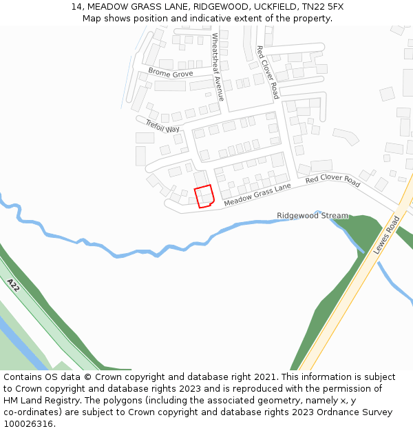 14, MEADOW GRASS LANE, RIDGEWOOD, UCKFIELD, TN22 5FX: Location map and indicative extent of plot