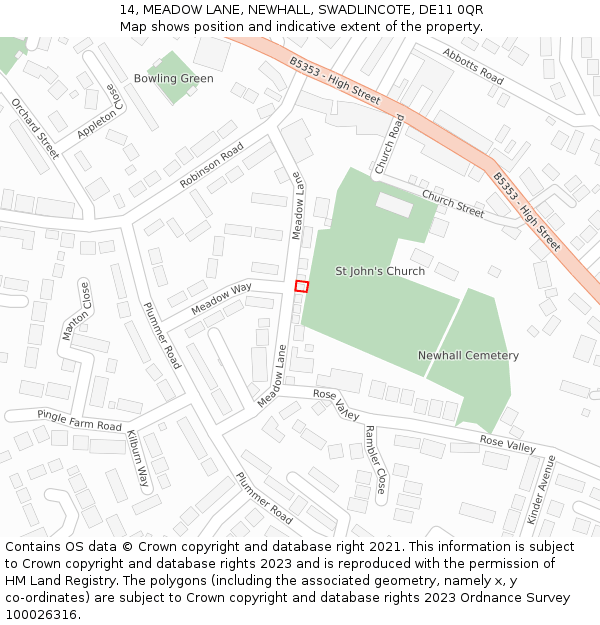 14, MEADOW LANE, NEWHALL, SWADLINCOTE, DE11 0QR: Location map and indicative extent of plot