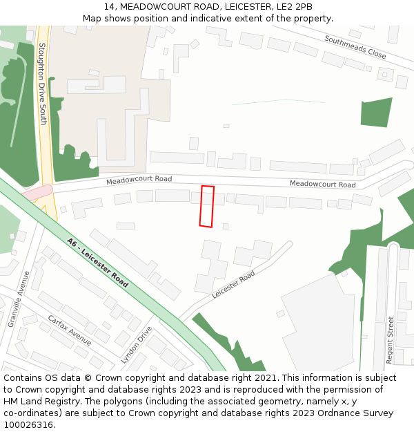 14, MEADOWCOURT ROAD, LEICESTER, LE2 2PB: Location map and indicative extent of plot