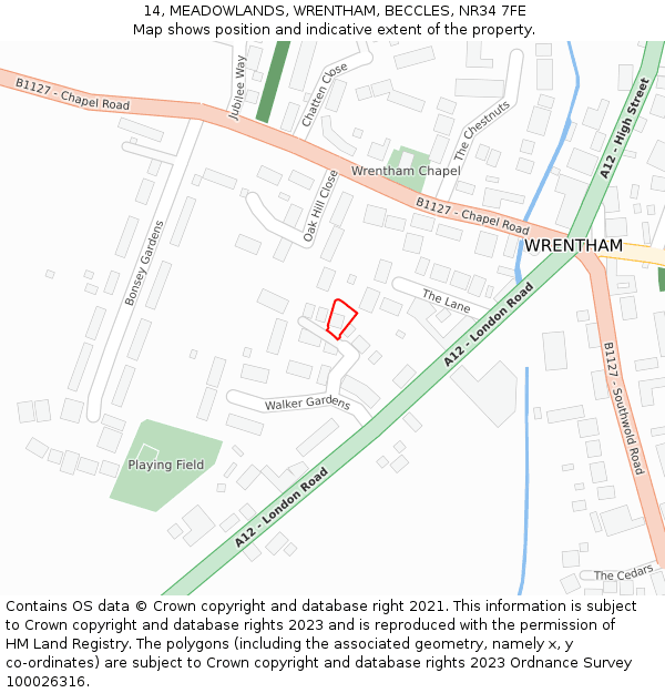 14, MEADOWLANDS, WRENTHAM, BECCLES, NR34 7FE: Location map and indicative extent of plot