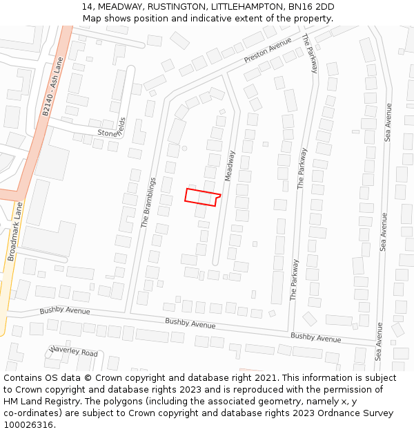 14, MEADWAY, RUSTINGTON, LITTLEHAMPTON, BN16 2DD: Location map and indicative extent of plot