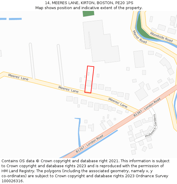 14, MEERES LANE, KIRTON, BOSTON, PE20 1PS: Location map and indicative extent of plot