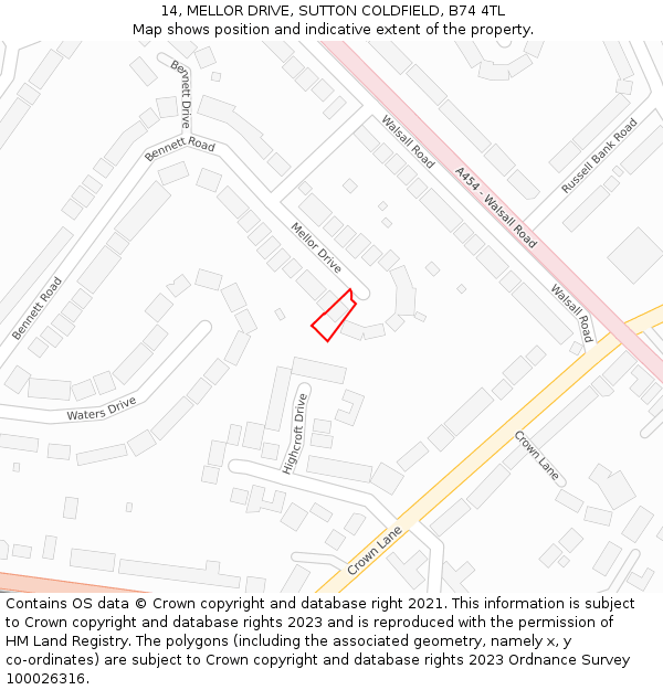 14, MELLOR DRIVE, SUTTON COLDFIELD, B74 4TL: Location map and indicative extent of plot