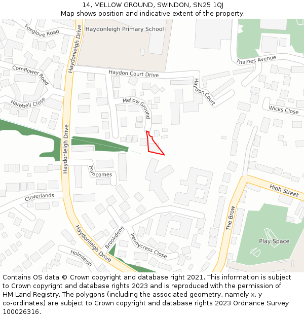 14, MELLOW GROUND, SWINDON, SN25 1QJ: Location map and indicative extent of plot