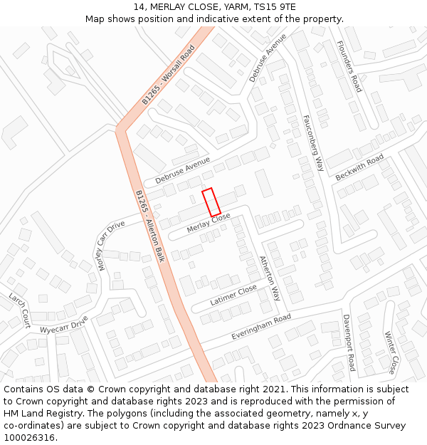 14, MERLAY CLOSE, YARM, TS15 9TE: Location map and indicative extent of plot