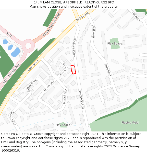 14, MILAM CLOSE, ARBORFIELD, READING, RG2 9FD: Location map and indicative extent of plot