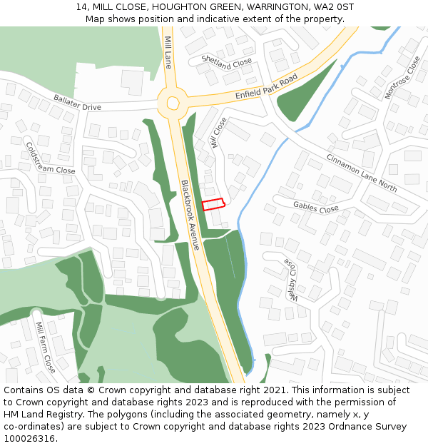14, MILL CLOSE, HOUGHTON GREEN, WARRINGTON, WA2 0ST: Location map and indicative extent of plot