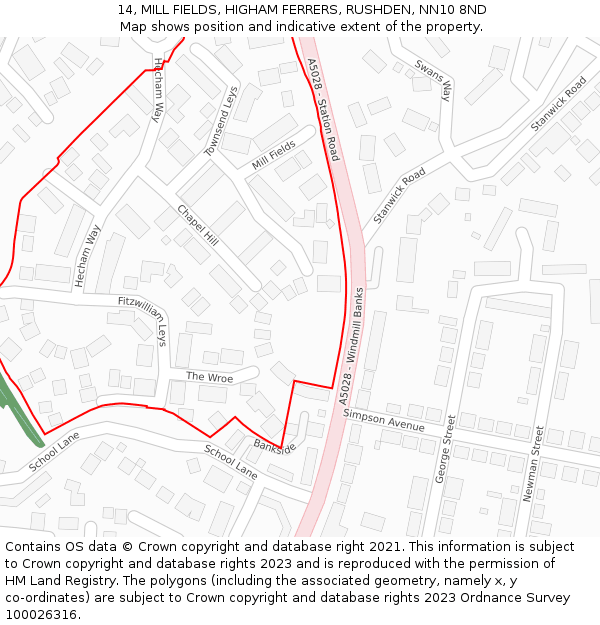 14, MILL FIELDS, HIGHAM FERRERS, RUSHDEN, NN10 8ND: Location map and indicative extent of plot