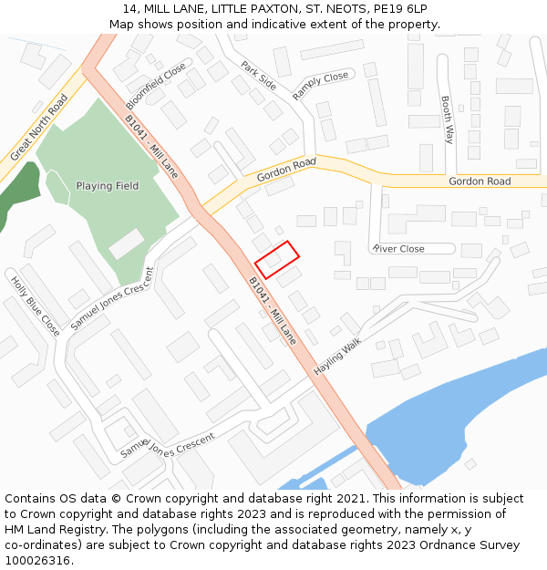 14, MILL LANE, LITTLE PAXTON, ST. NEOTS, PE19 6LP: Location map and indicative extent of plot